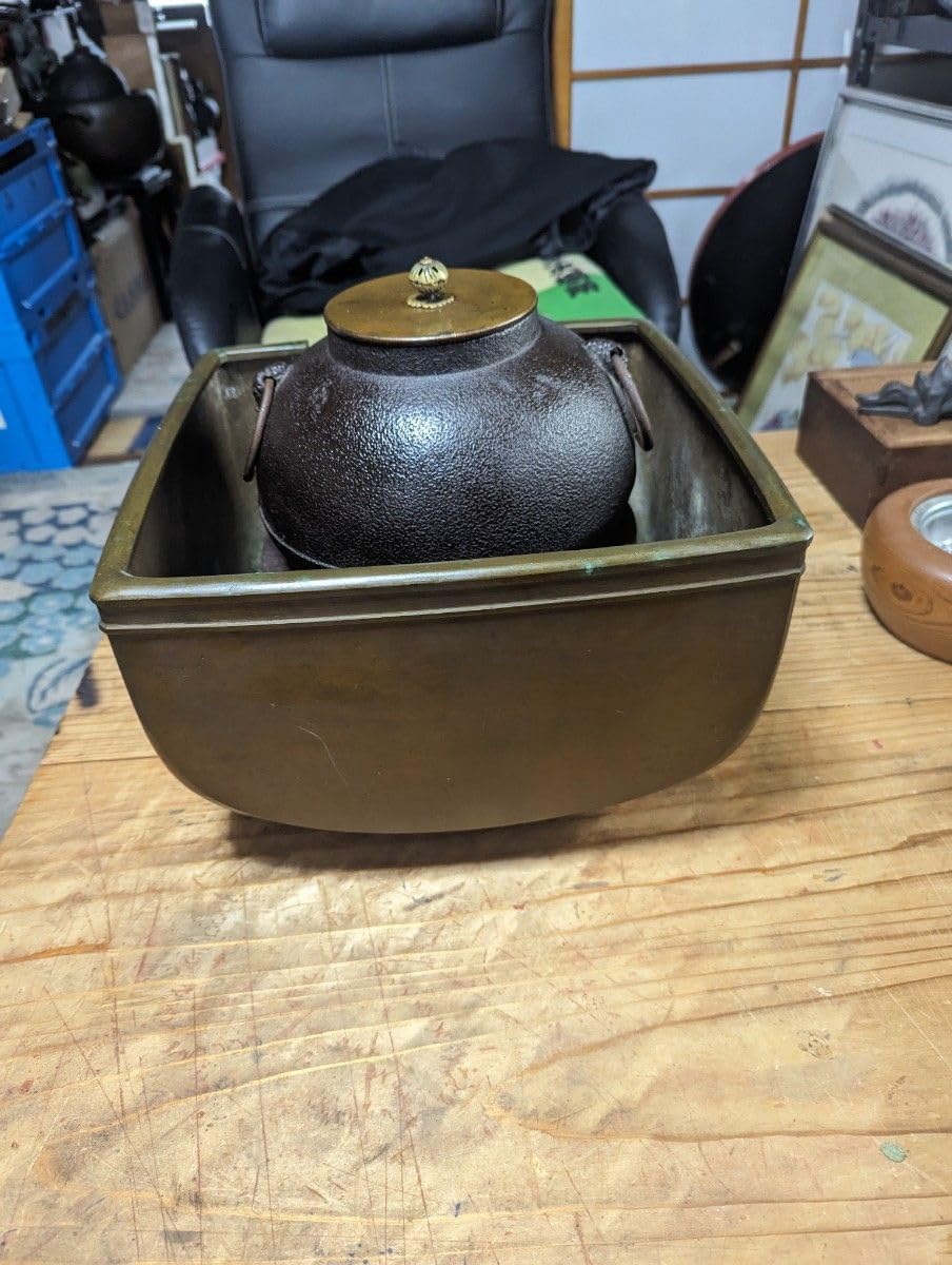 茶道具 置炉セット 未使用五徳 茶釜 唐銅蓋 送料込み 茶道具銅風炉茶釜